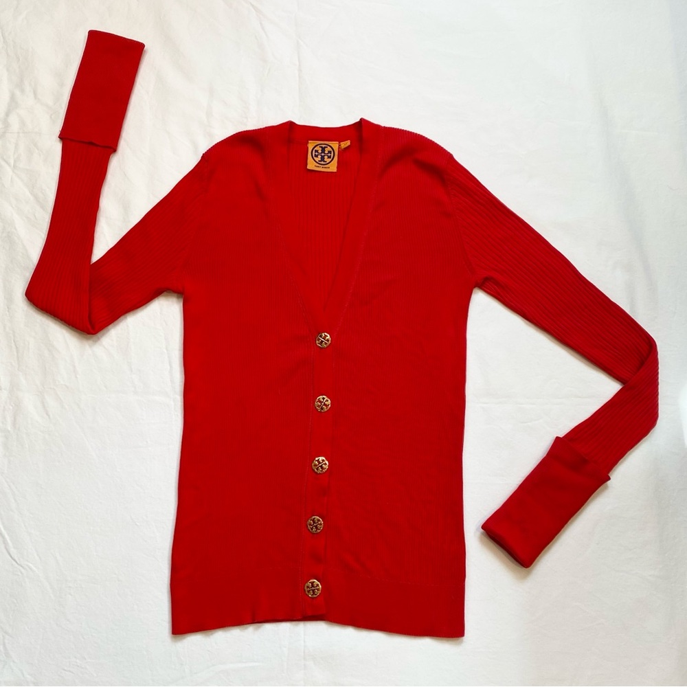 Tory Burch Red Button Down Ribbed Sweater Sz XS
